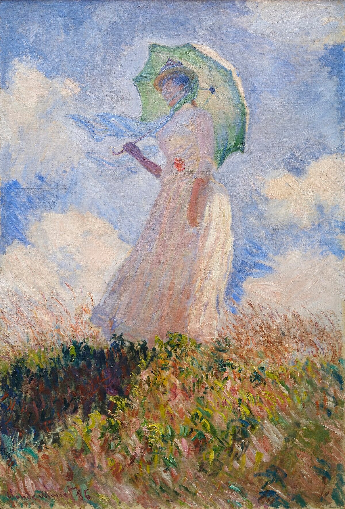 छाता लिए महिला बाईं ओर मुड़ी हुई - Claude Monet