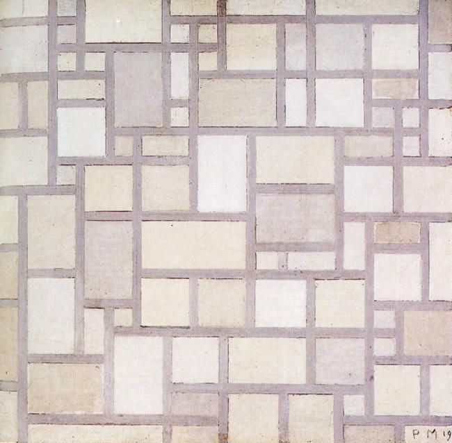 Reproduction du tableau « Composition 7 : Plans de couleur claire avec contours gris - Piet Mondrian » par Alpha Reproduction en peinture à l’huile