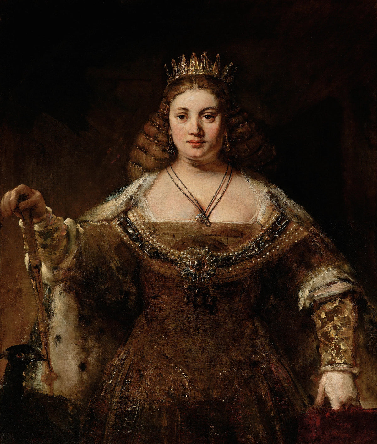 Junon de Rembrandt, déesse couronnée tenant un sceptre auprès d’un paon