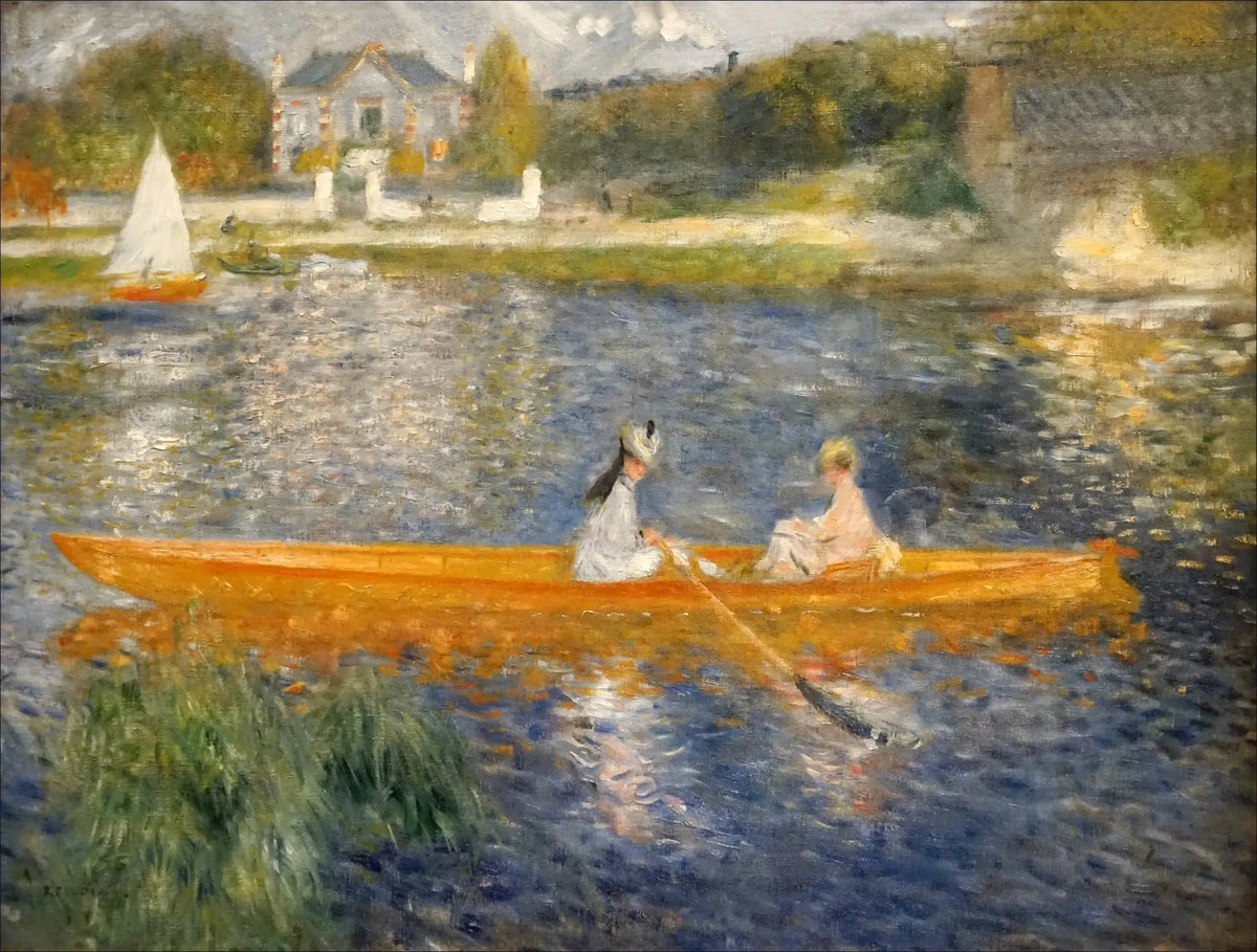 La Yole de Pierre-Auguste Renoir, deux femmes dans une barque orange sur la Seine, 1875.