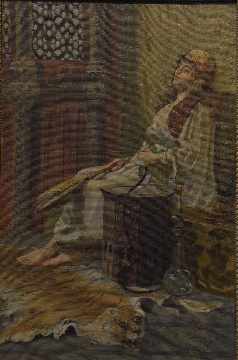 Jeune Fille au narguilé et au livre - Raja Ravi Varma