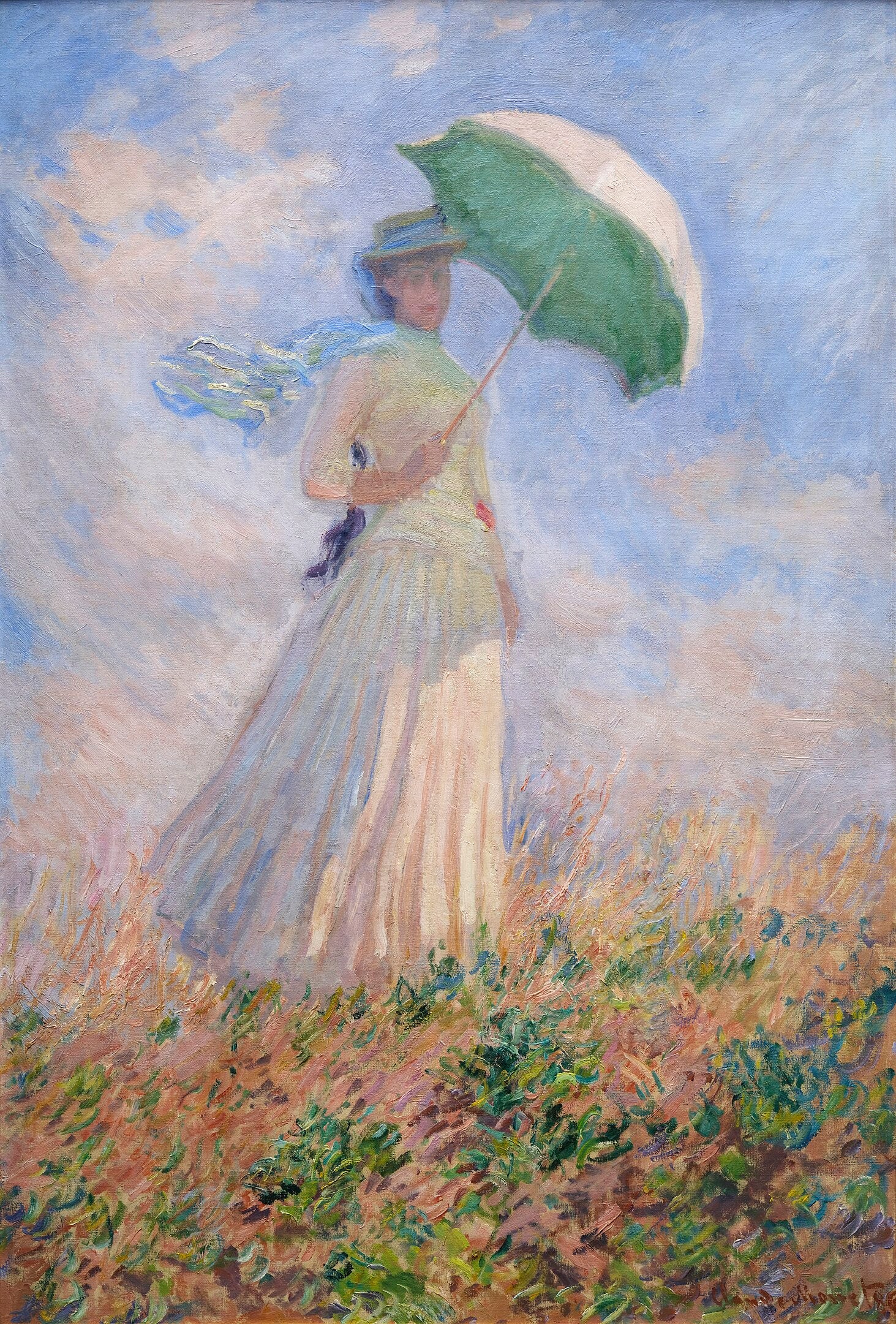 छाता लिए महिला दाईं ओर मुड़ी हुई - Claude Monet