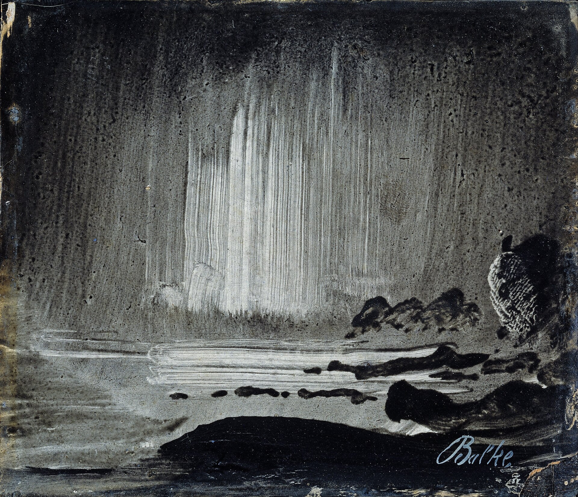Aurore boréale au-dessus d’un paysage côtier, Peder Balke, 1870, peinture à l’huile