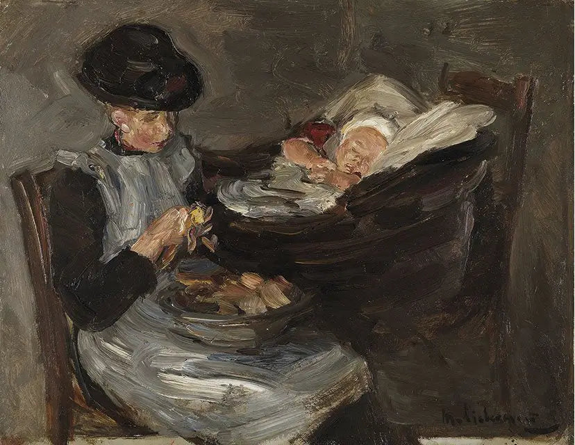 Fille de Laren épluchant des pommes de terre avec un enfant endormi dans un panier - Max Liebermann - Alpha Reproduction