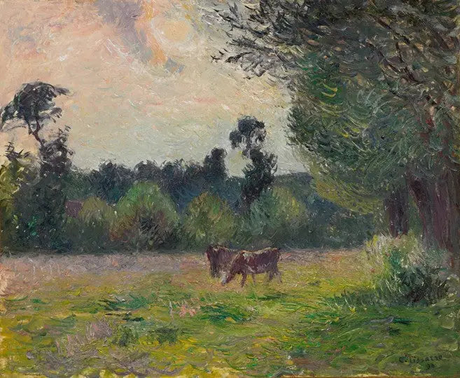 Reproduction du tableau « Vaches dans un pré, coucher de soleil - Camille Pissarro » par Alpha Reproduction en peinture à l’huile