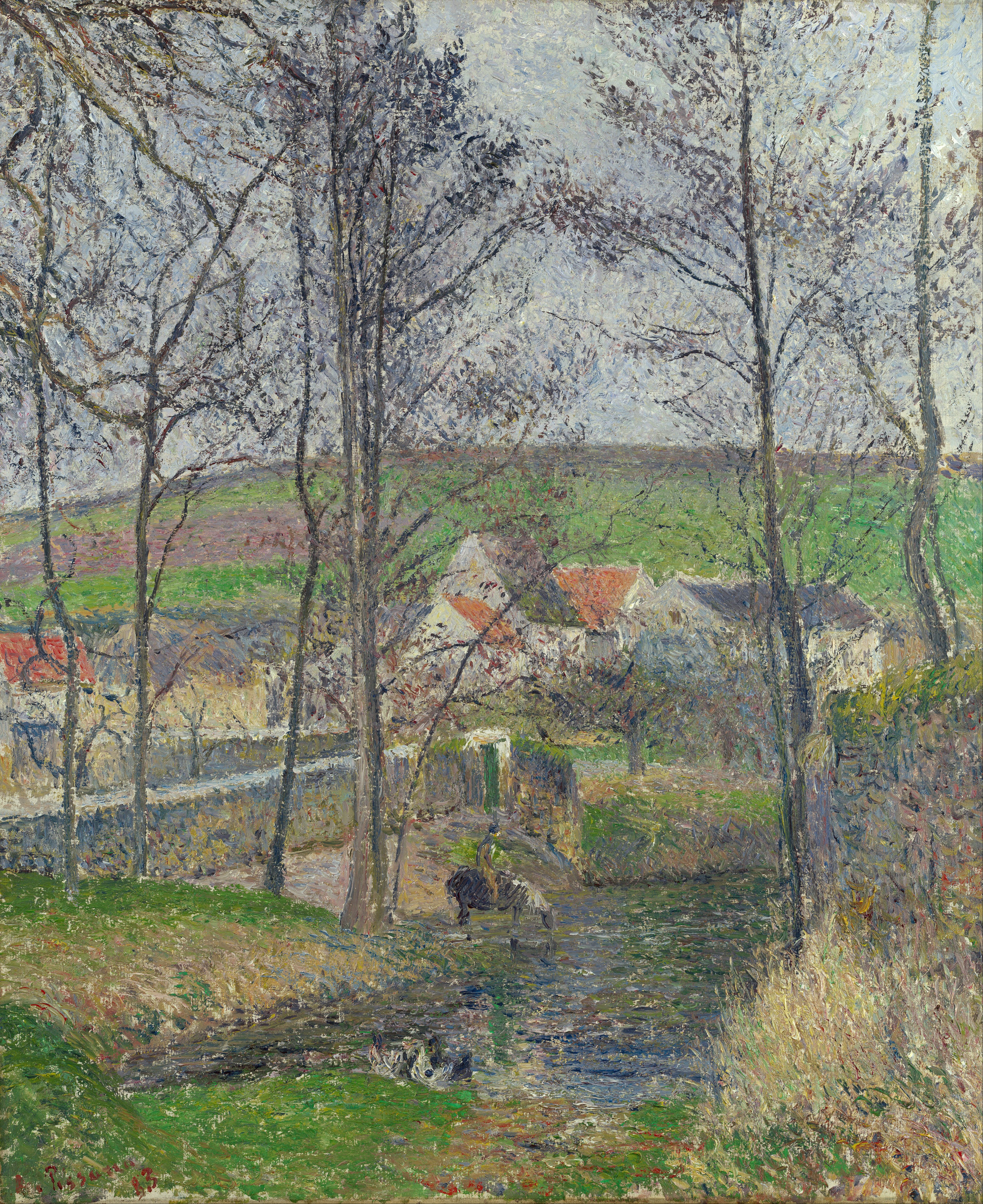 Reproduction du tableau « Les rives de la Viosne à Osny par temps gris, hiver - Camille Pissarro » par Alpha Reproduction en peinture à l’huile