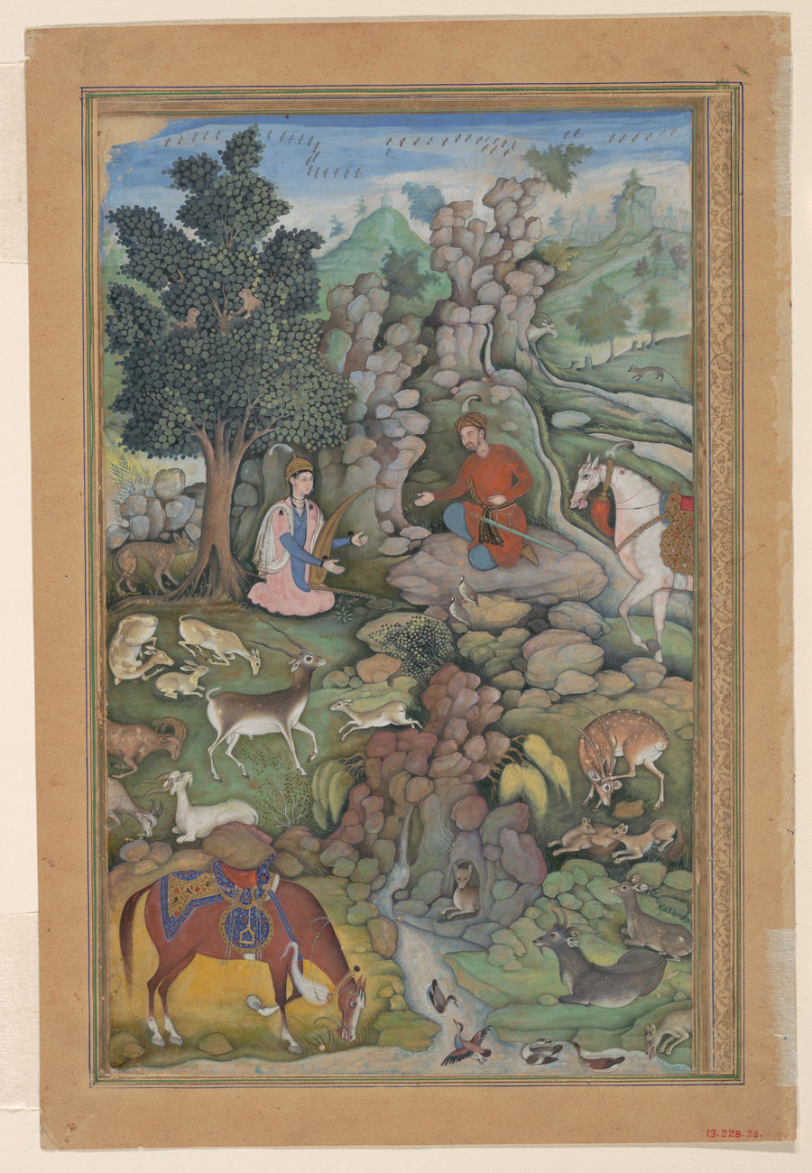 "Bahram Gur Sees a Herd of Deer Mesmerized by Dilaram' s Music", Folio from a Khamsa (Quintet) of Amir Khusrau Dihlavi - Amir Khusrau Dihlavi