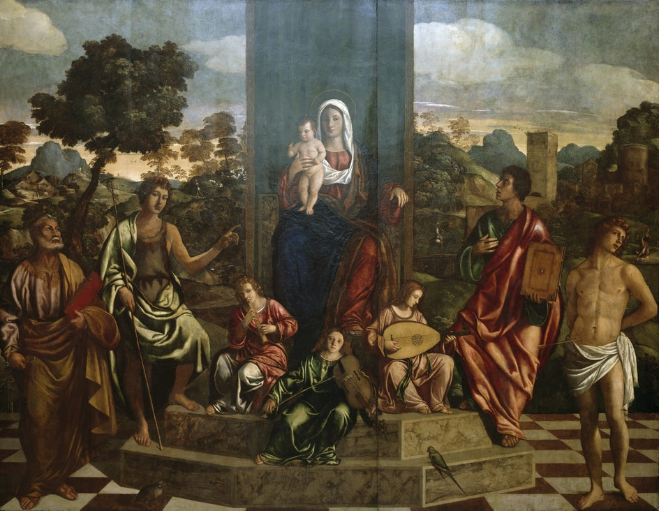 La Vierge à l’Enfant en majesté avec les saints Pierre Jean-Baptiste Jean l’Évangéliste Sébastien et trois anges