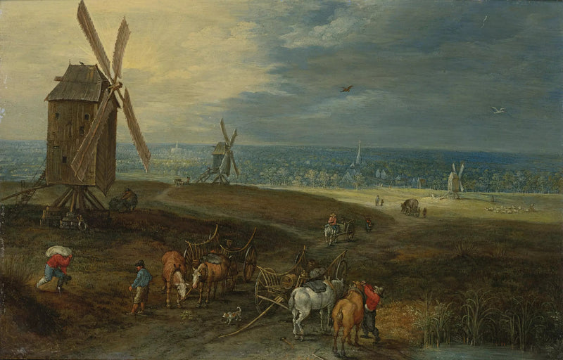 Vaste paysage avec des voyageurs devant un moulin à vent - Jan Brueghel le Jeune