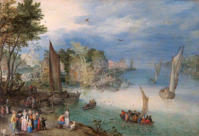 Scène fluviale avec bateaux et personnages - Jan Brueghel l'Ancien