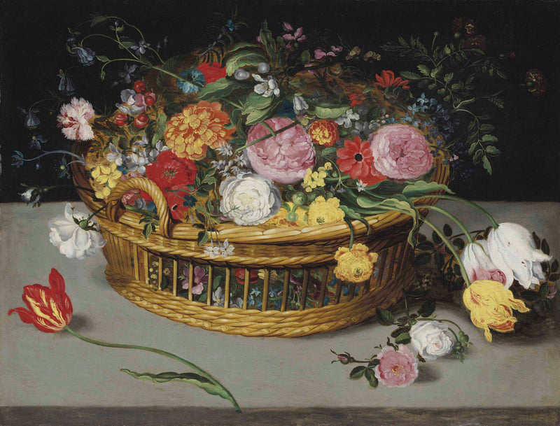 Roses, tulipes, jacinthes des bois et œillets dans un panier en osier posé sur un rebord de pierre. - Jan Brueghel le Jeune