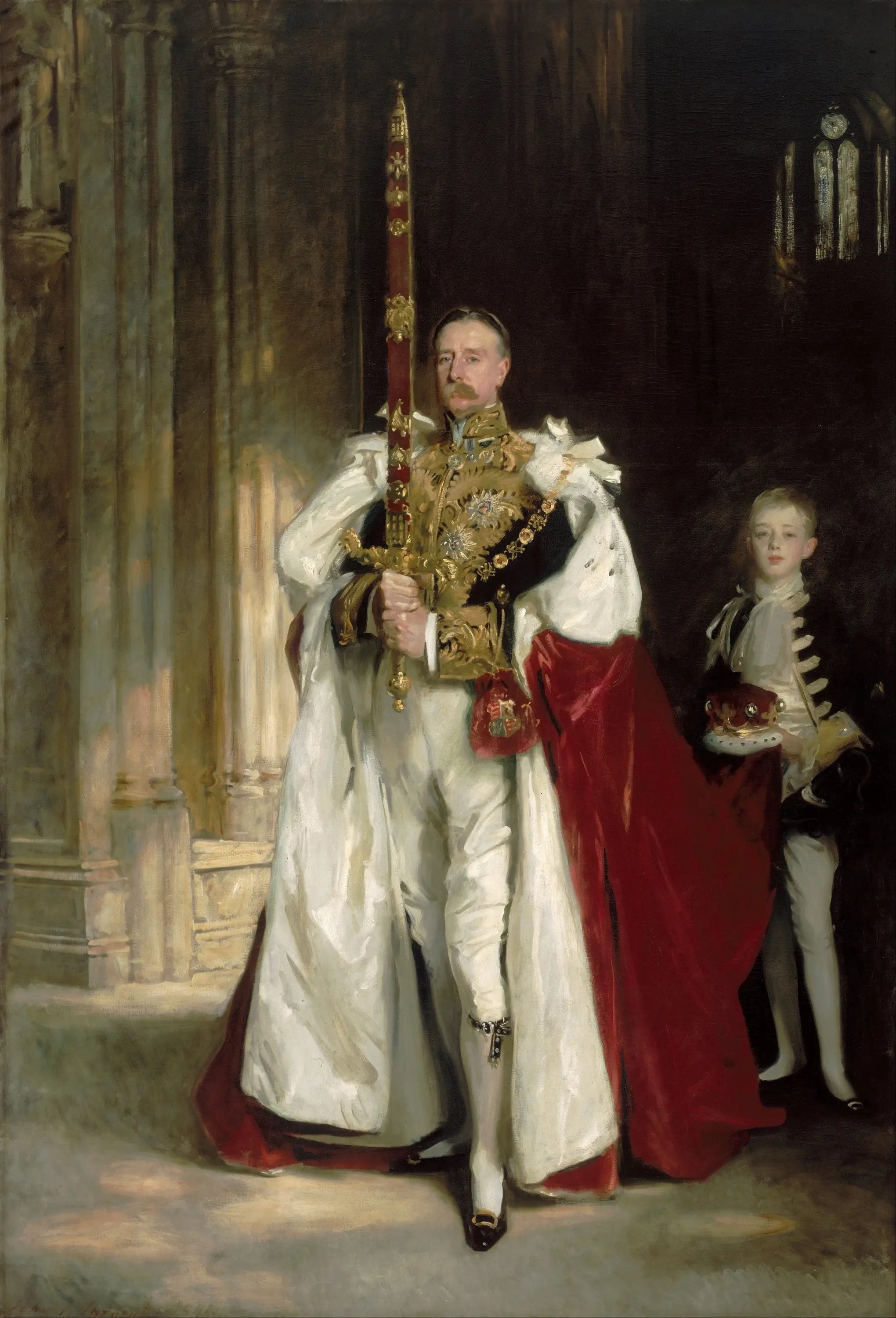Reproduction du tableau « Charles Stewart, sixième marquis de Londonderry, portant la grande épée d'État lors du couronnement du roi Édouard VII, en août 1902, et M. W. C. Beaumont, son page à cette occasion - John Singer Sargent » par Alpha Reproduction en peinture à l’huile