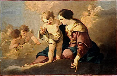 La Vierge et l'enfant apparaissant dans le ciel au milieu d'angelots - Laurent de La Hyre