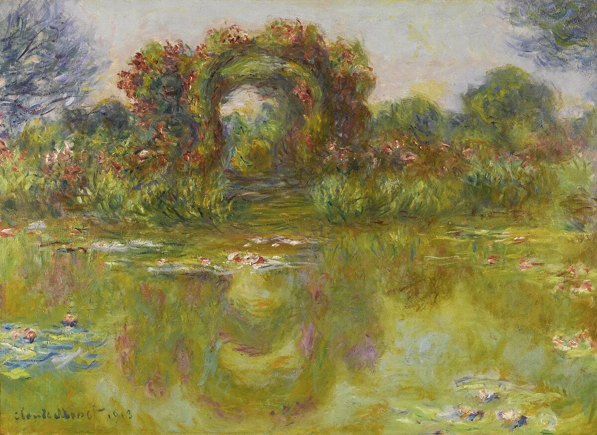 🌺 गुलाब का पौधा और जलकुम्भी का तालाब, क्लॉड मोनेट, 1913