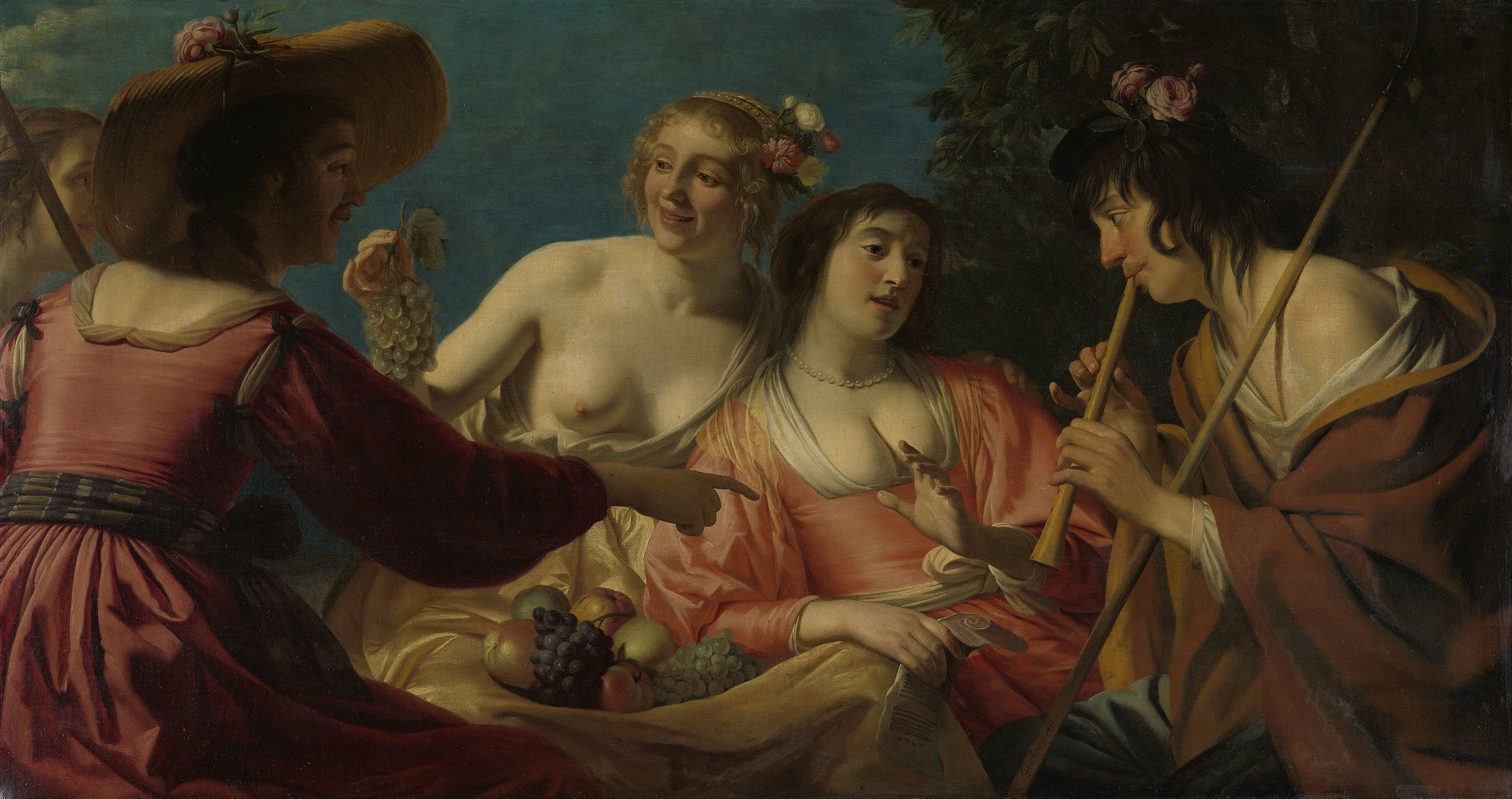 Berger jouant de la flûte et quatre bergères - Gerrit van Honthorst - Alpha Reproduction