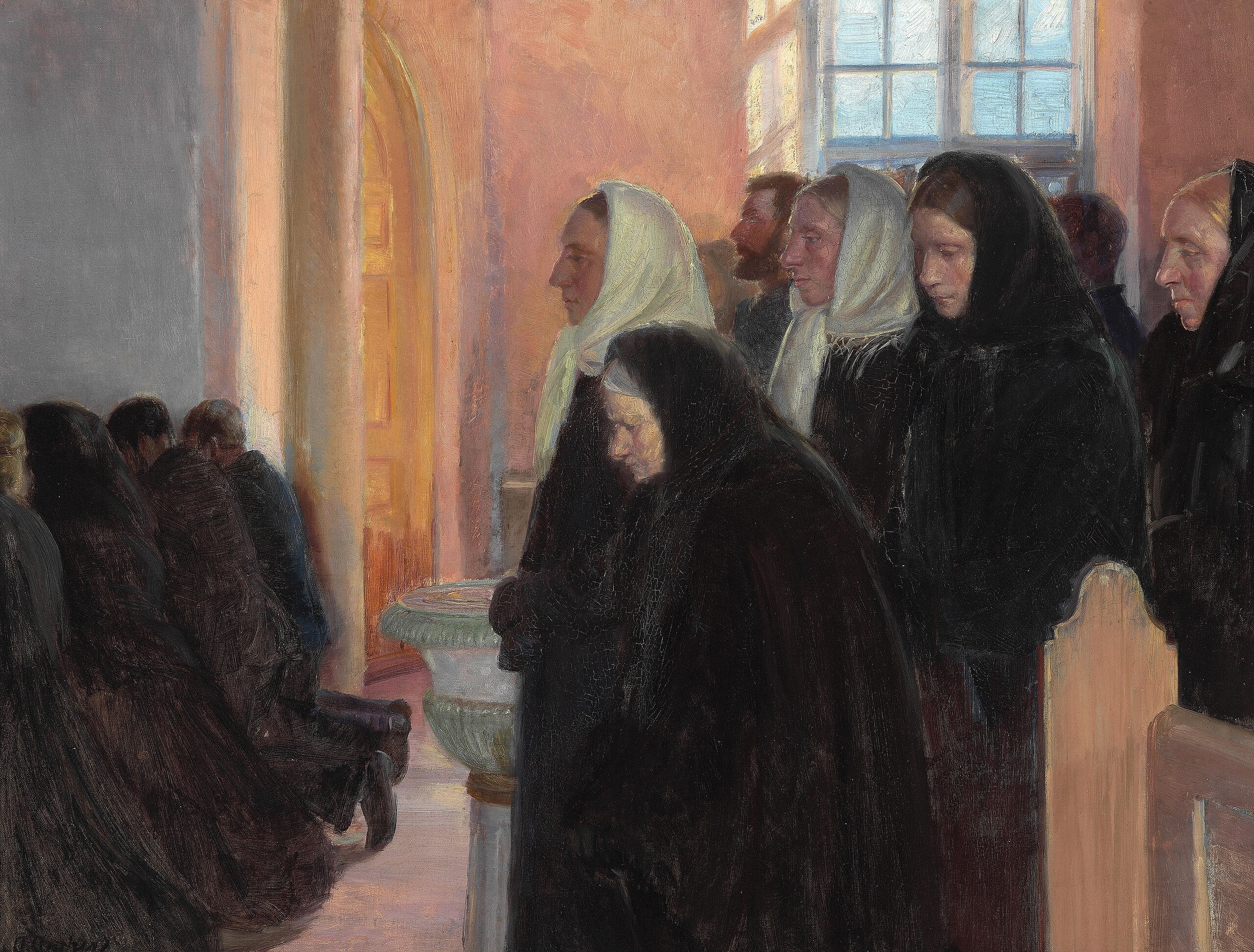 Communion dans l’église de Skagen. Lumière du soleil filtrant à travers les vitraux. - Anna Ancher - Alpha Reproduction