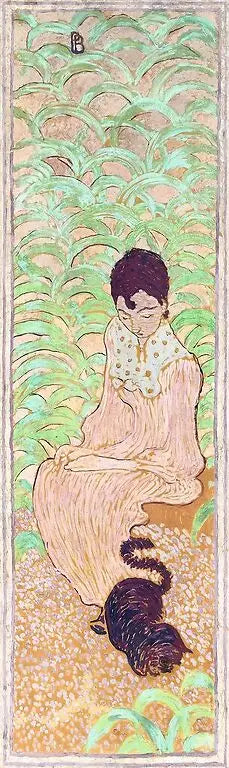 Reproduction du tableau « Femmes au jardin : femme assise au chat - Pierre Bonnard » par Alpha Reproduction en peinture à l’huile