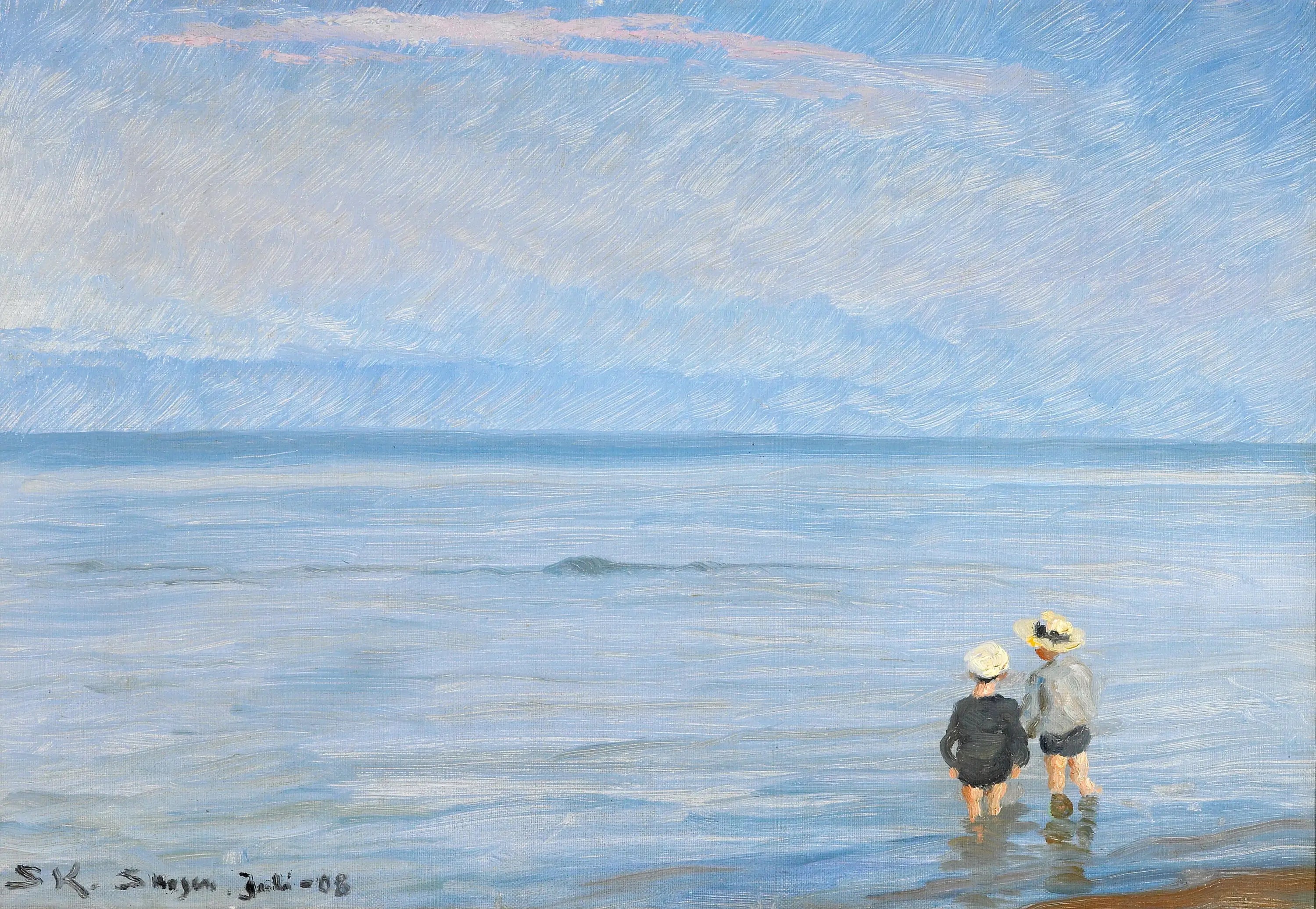 L’heure bleue. Deux enfants pagayant sur la plage de Skagen. - Peder Severin Krøyer - Alpha Reproduction