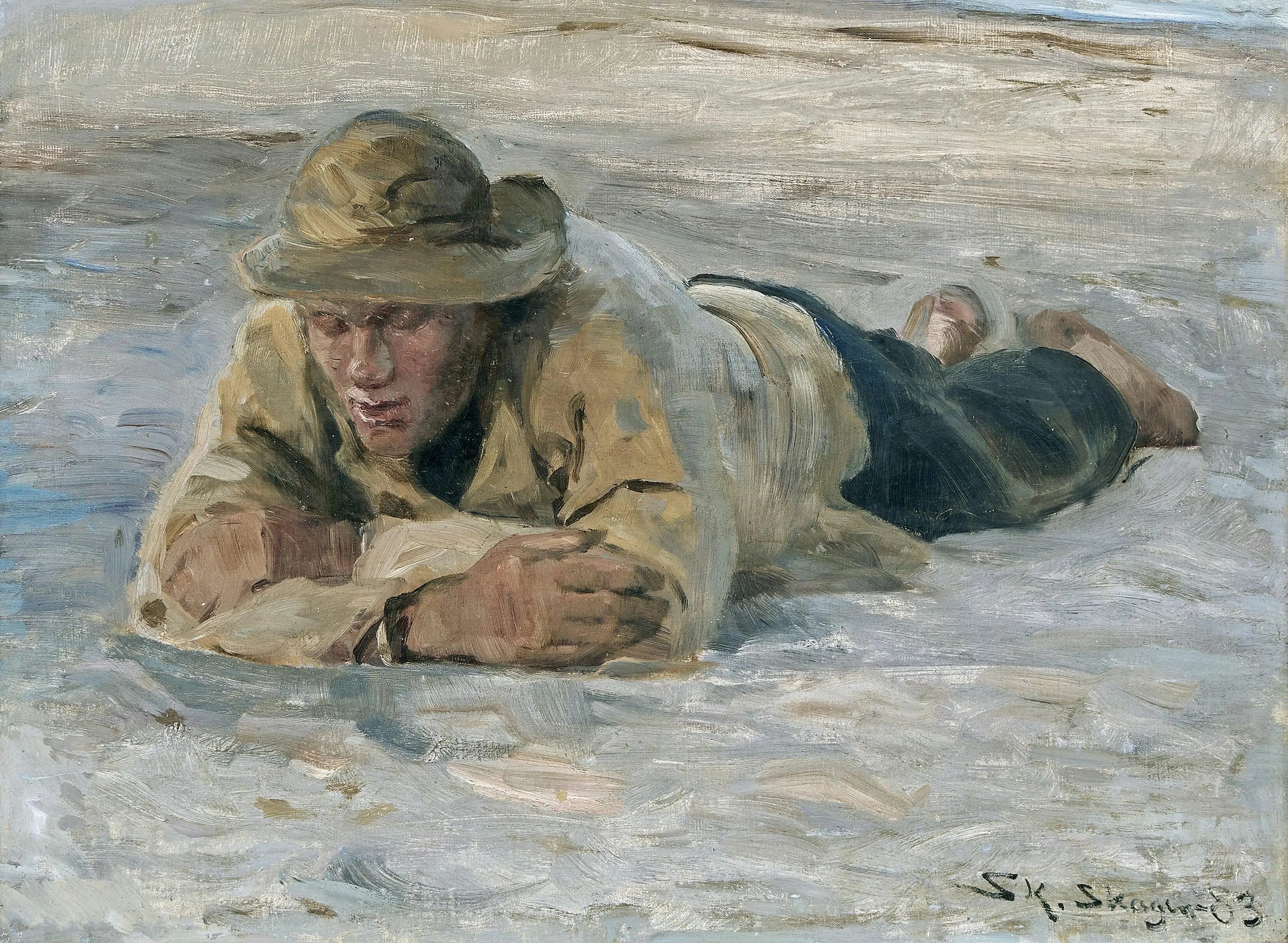 Un pêcheur se reposant dans le sable la poitrine contre les bras - Peder Severin Krøyer - Alpha Reproduction