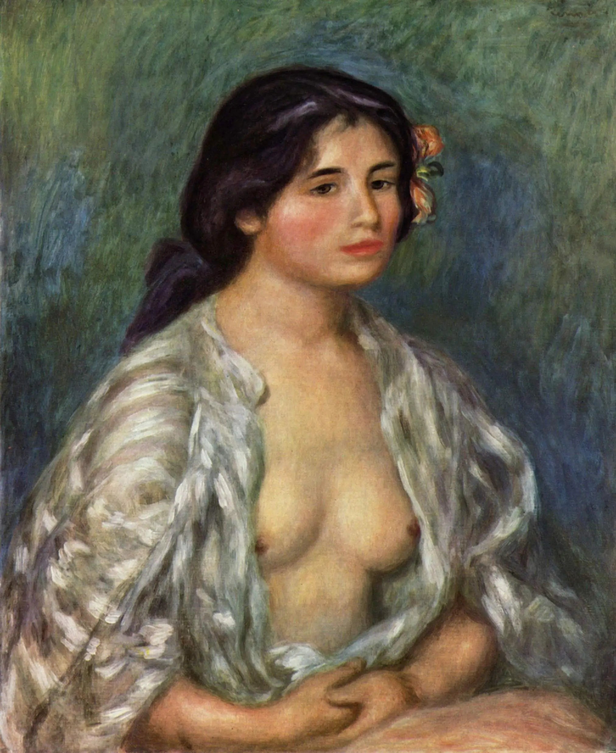 Reproduction du tableau « Gabrielle à la chemise ouverte - Pierre-Auguste Renoir » par Alpha Reproduction en peinture à l’huile