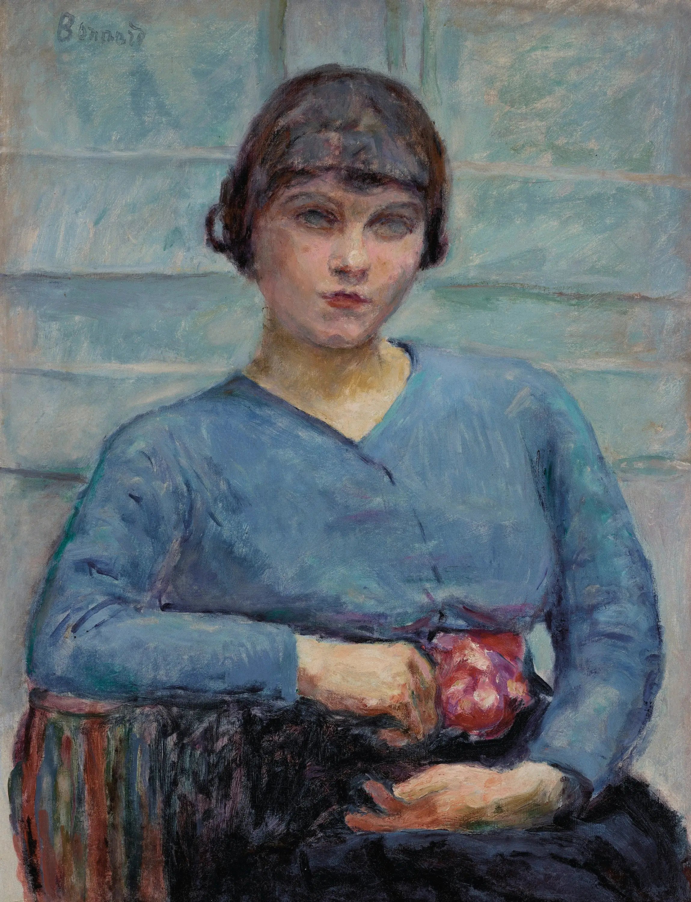 Reproduction du tableau « Jeune fille en bleu, à la rose - Pierre Bonnard » par Alpha Reproduction en peinture à l’huile