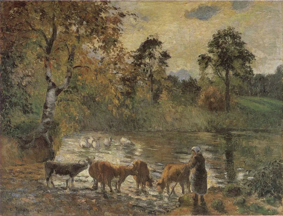 Reproduction du tableau « Vaches s'abreuvant dans l'étang de Montfoucault - Camille Pissarro » par Alpha Reproduction en peinture à l’huile