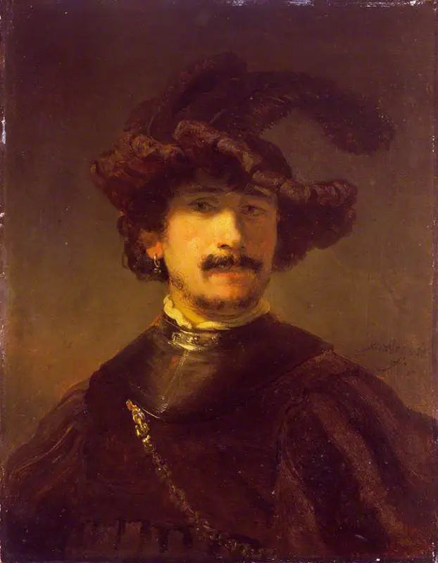 Reproduction du tableau « Buste d'homme en gorgerin et bonnet de plumes - Rembrandt » par Alpha Reproduction en peinture à l’huile