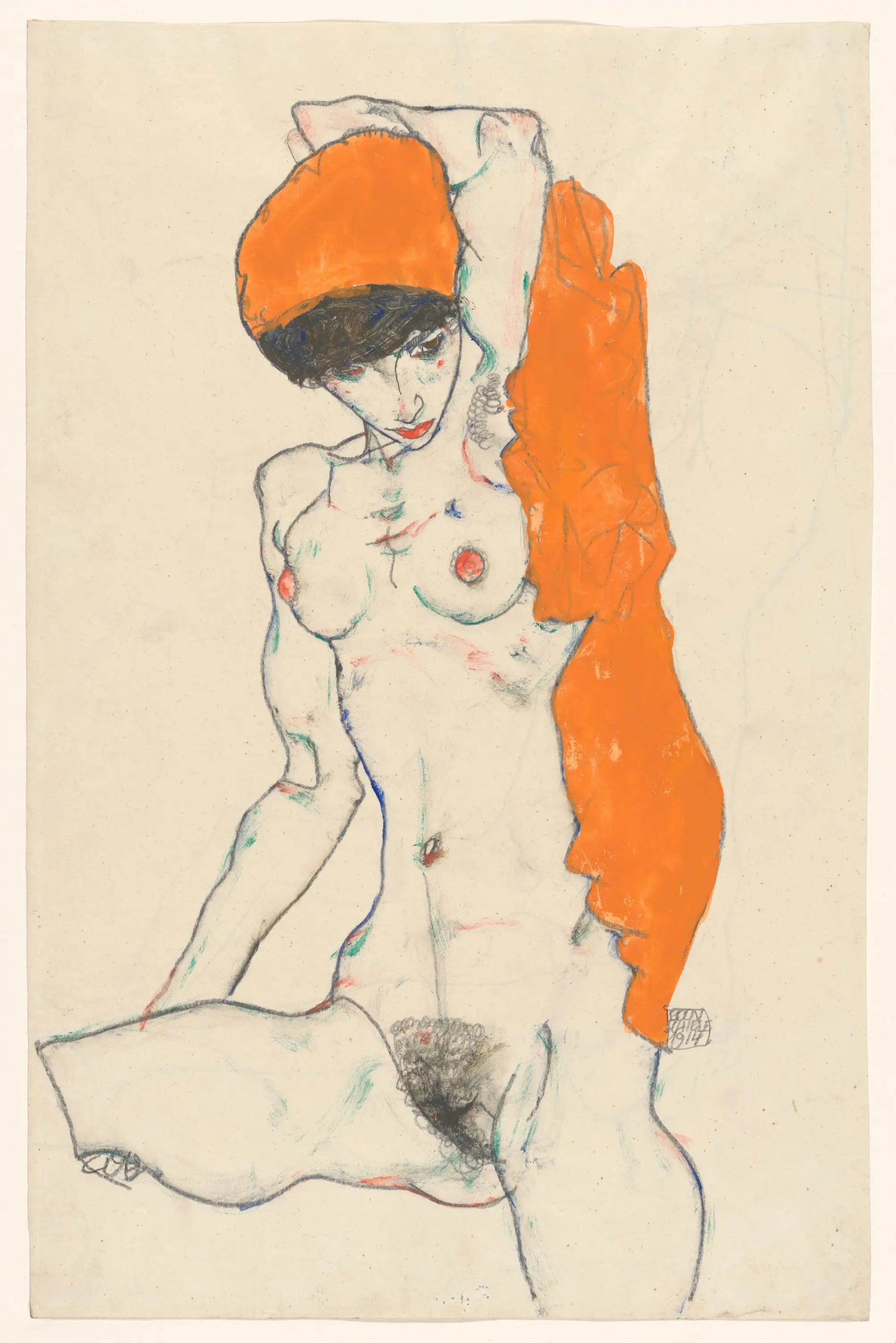 Reproduction du tableau « Nu debout avec drapé orange - Egon Schiele » par Alpha Reproduction en peinture à l’huile