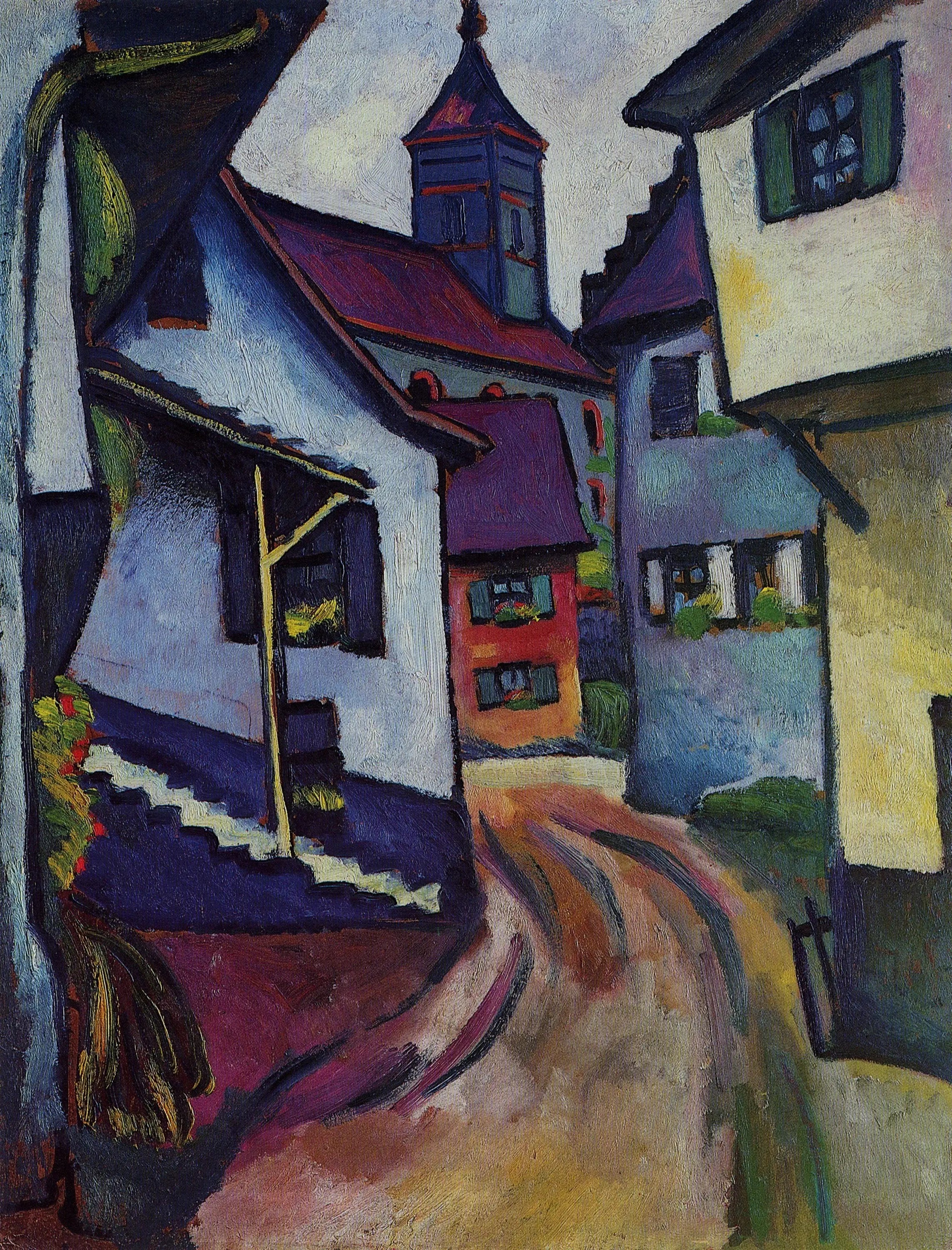 Reproduction du tableau « Rue avec église à Kandern - August Macke » par Alpha Reproduction en peinture à l’huile