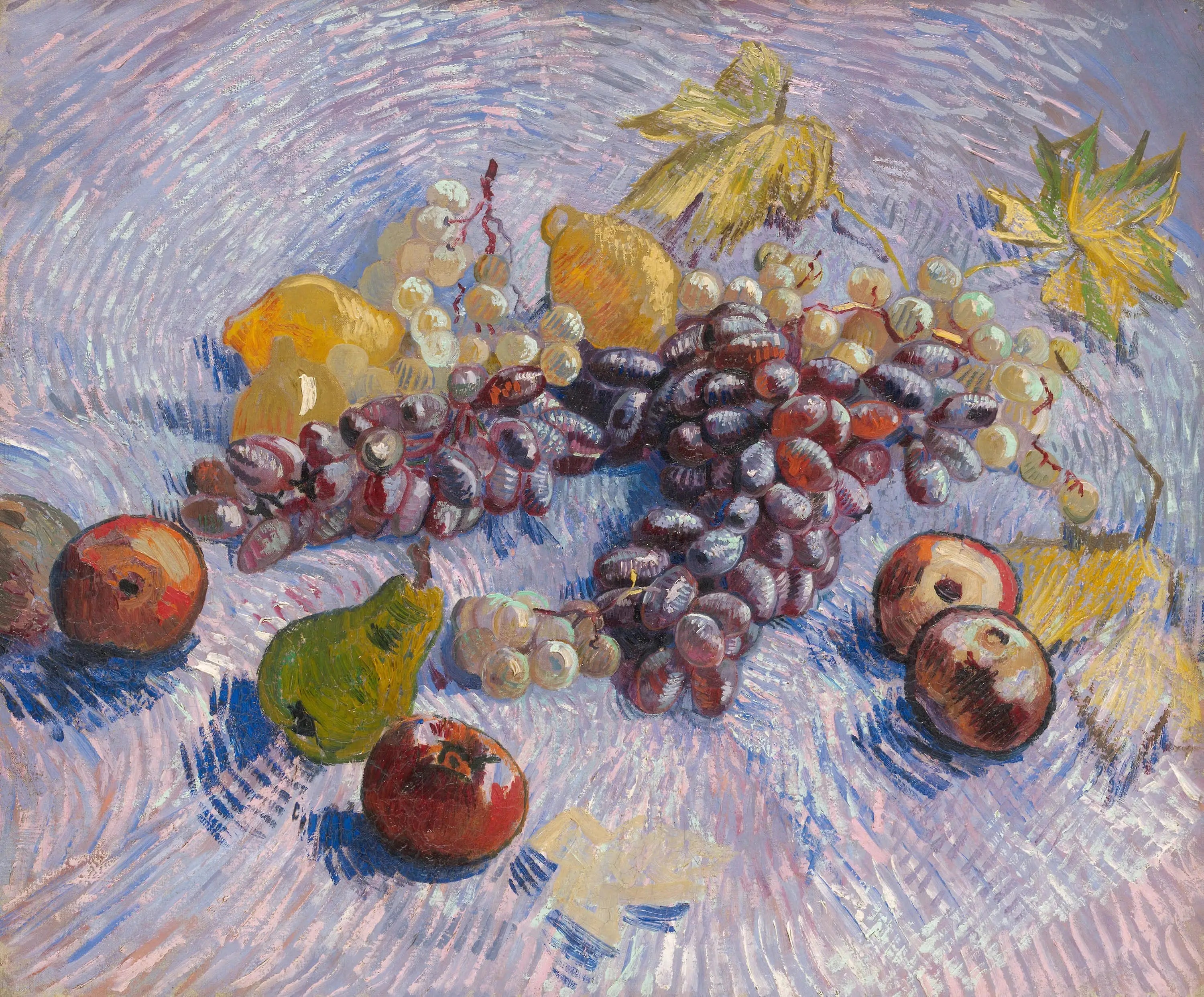 Reproduction du tableau « Pommes, poires, citron et raisin - Vincent van Gogh » par Alpha Reproduction en peinture à l’huile