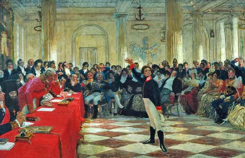 Alexandre Sergueïevitch Pouchkine अपने कविता का पाठ गाव्रीला डेरजाविन के सामने कर रहे हैं, जब वह 8 जनवरी 1815 को ट्सार्सकोये सेलो हाई स्कूल की परीक्षा दे रहे थे। - इलिया रिपिन
