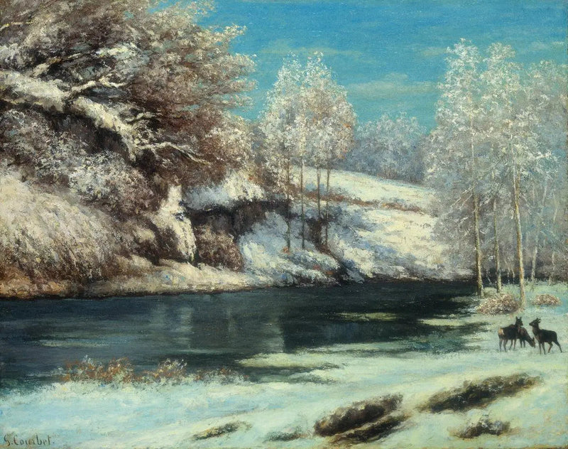 नदी के पास हिरण और बछड़ों - Gustave Courbet