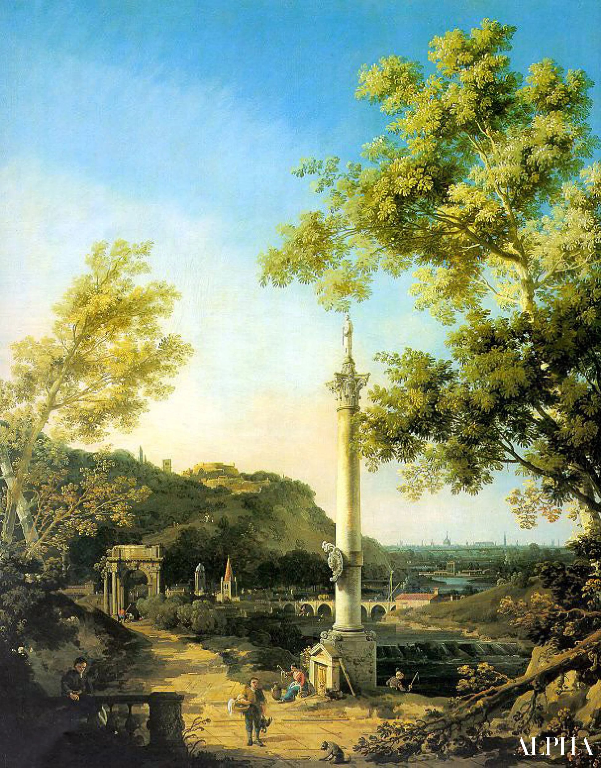 Capriccio : Paysage de rivière avec une colonne - Giovanni Antonio Canal - Reproductions de tableaux et peintures haut de gamme