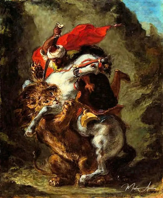 Cavalier arabe attaqué par un lion - Eugène Delacroix - Reproductions de tableaux et peintures haut de gamme