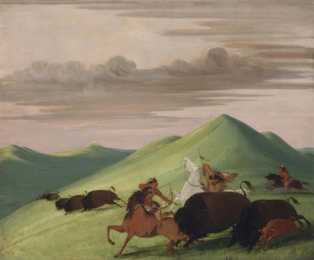 Chasse au bison, taureau protégeant une vache et son veau - George Catlin image 1 reproduction de peinture à l’huile