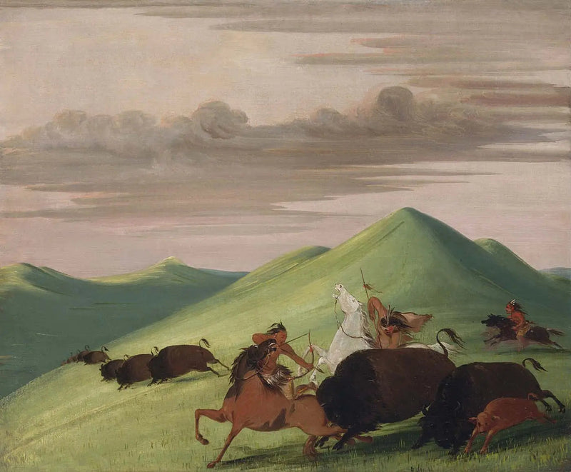 भैंस का शिकार, एक बैल जो एक गाय और उसके बछड़े की रक्षा कर रहा है - जॉर्ज कैटलिन