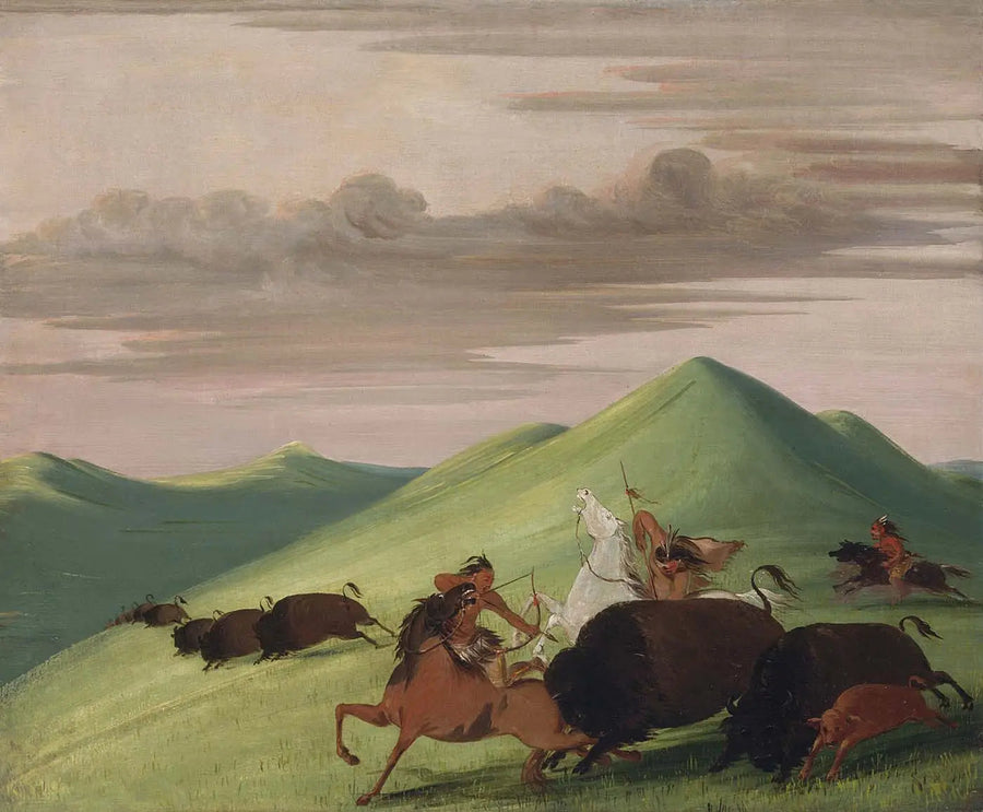भैंस का शिकार, एक बैल जो एक गाय और उसके बछड़े की रक्षा कर रहा है - जॉर्ज कैटलिन