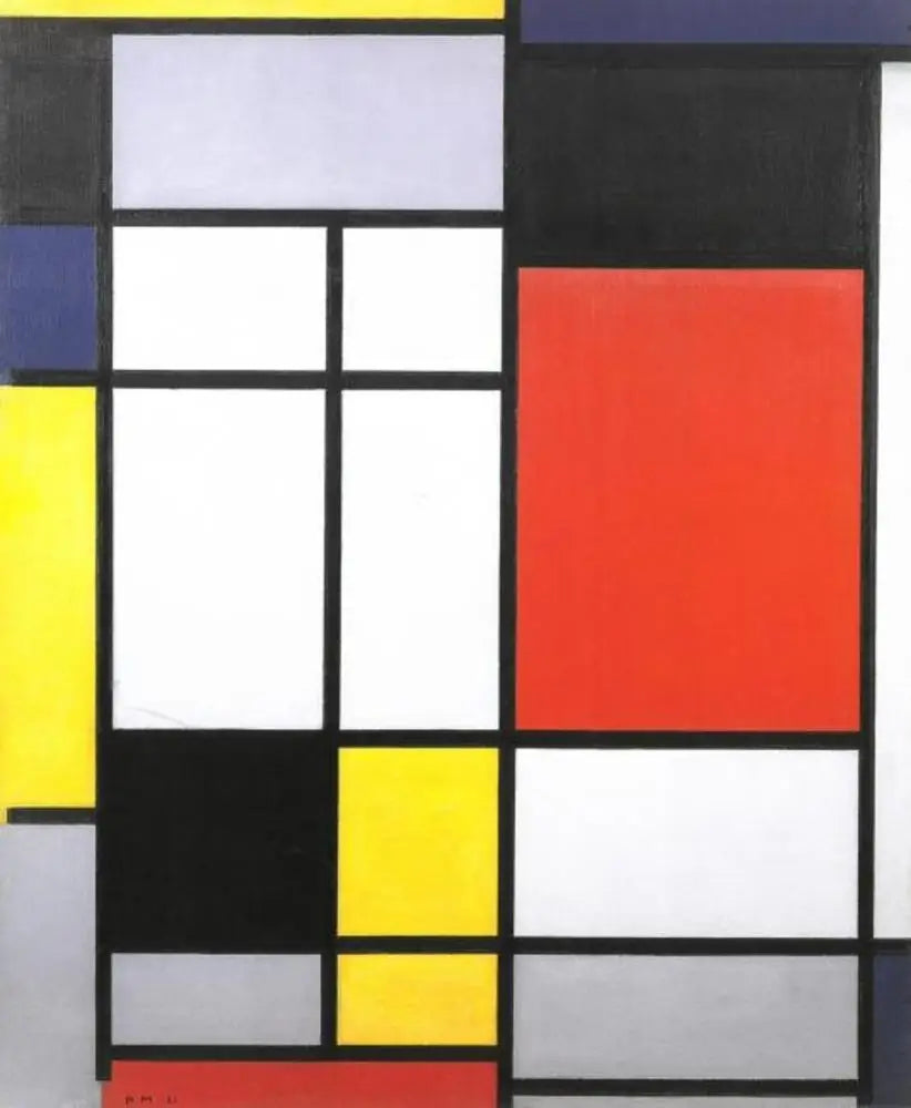 Reproduction du tableau « Composition avec du jaune, du bleu, du noir, du rouge et du gris - Piet Mondrian » par Alpha Reproduction en peinture à l’huile