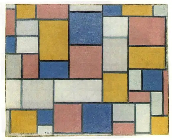 Reproduction du tableau « Composition avec plans de couleur et lignes grises - Piet Mondrian » par Alpha Reproduction en peinture à l’huile