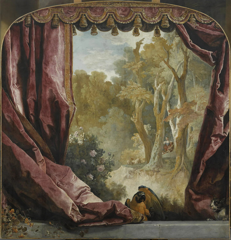 Composition décorative, avec rideaux, paysage et animaux - Nicolas de Largillière