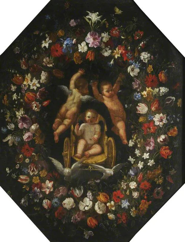 Cupidon एक रथ में, फूलों के मुकुट से घिरा - Domenichino