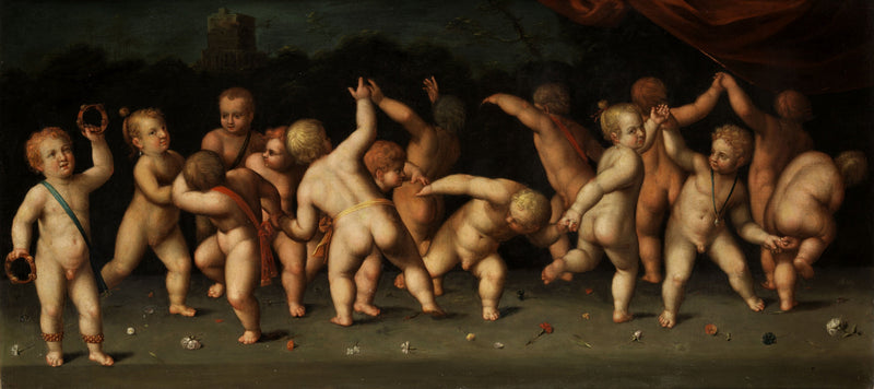 बच्चों का एक समूह घेर कर नाच रहा है और एक परिदृश्य में फूंक मार रहा है - डेनिस काल्वर्ट