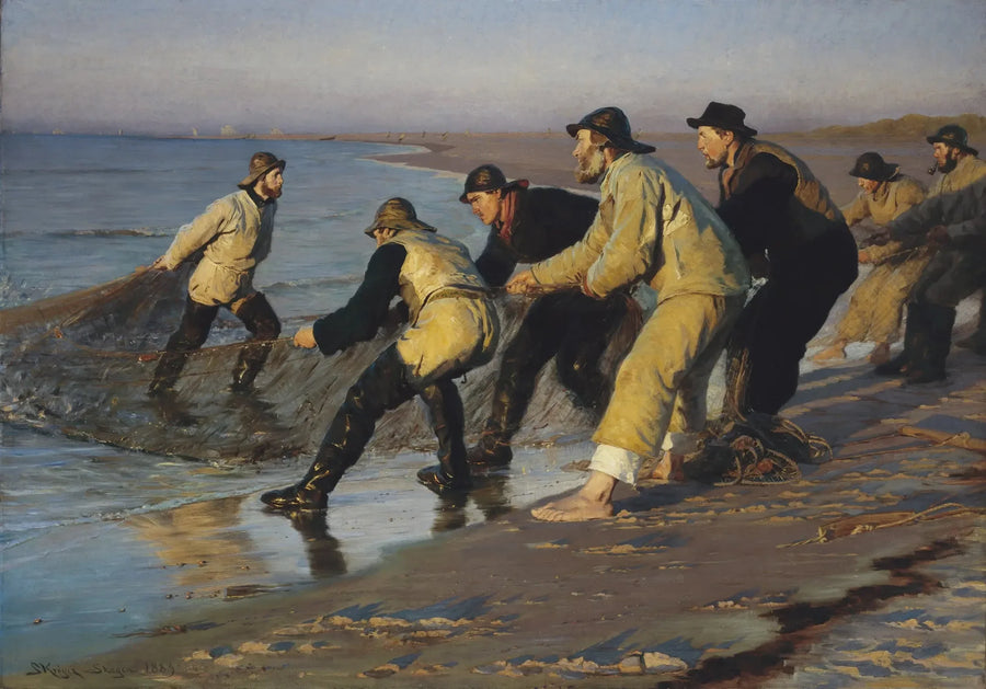 स्कागेन के उत्तर तट पर मछुआरे अपनी जालें वापस खींच रहे हैं। दोपहर का अंत। - पीडर सिवेरिन क्रॉयर