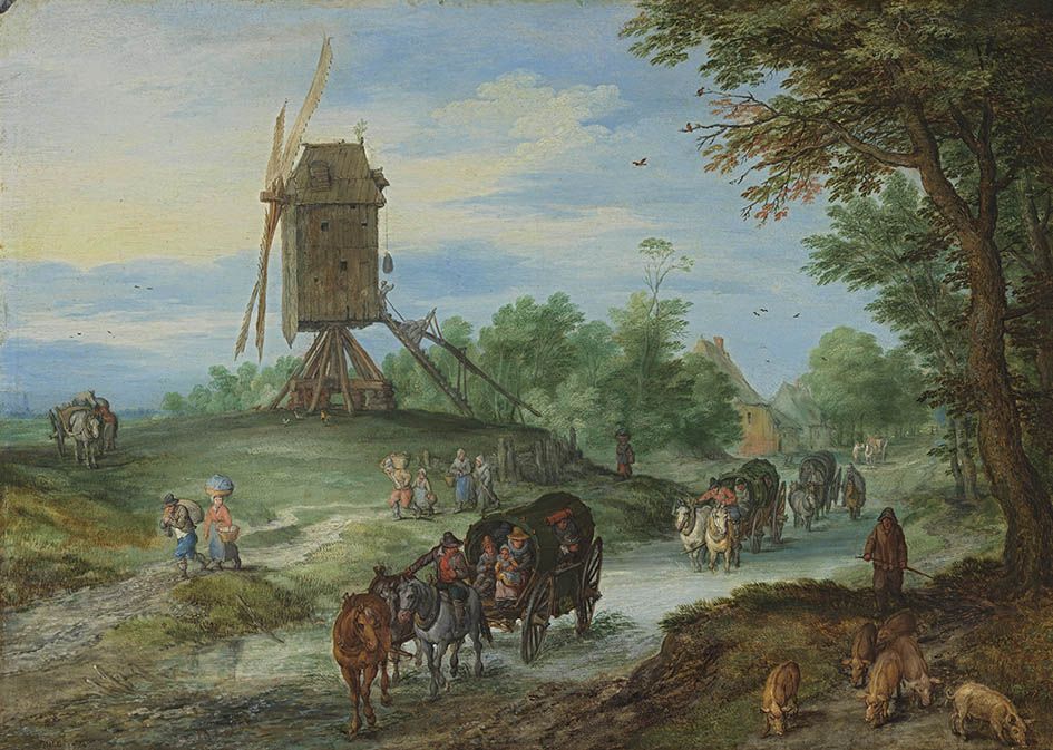Des voyageurs sur une route inondée près d'un moulin à vent - Jan Brueghel l'Ancien image 1 reproduction artisanale de tableau