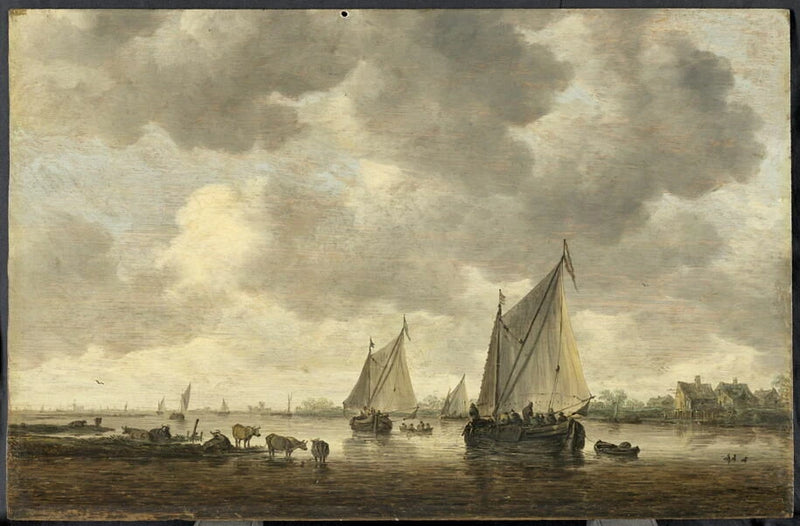Deux grandes barques à voile sur un fleuve et bestiaux près de la rive - Jan van Goyen