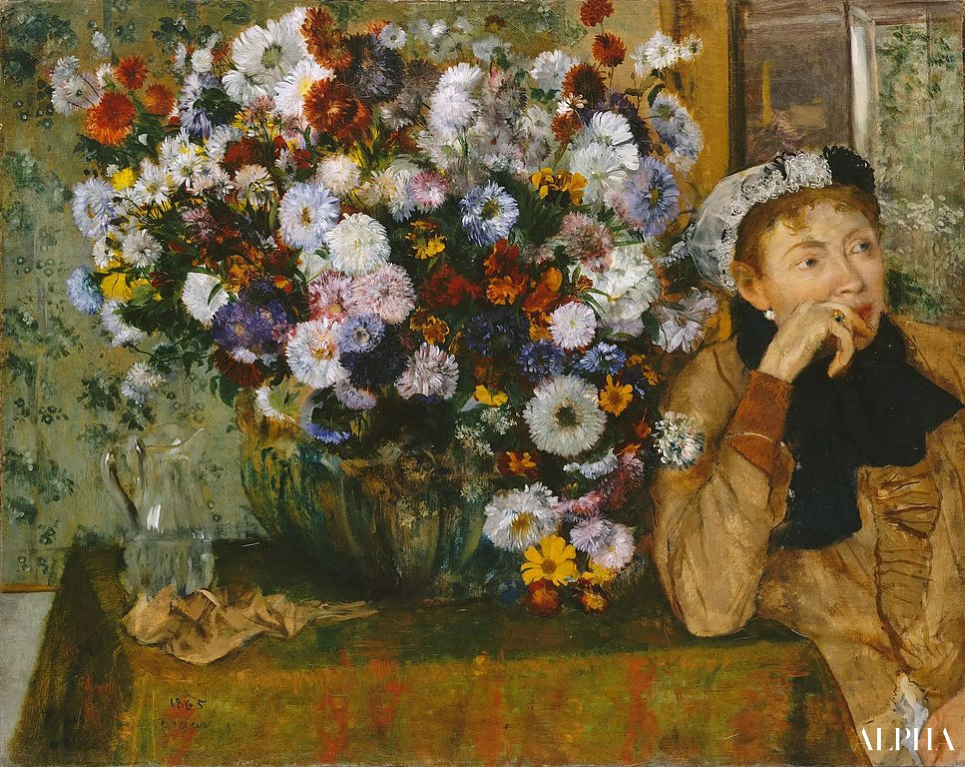 फूलों के फूलदान के बगल में बैठी महिला - Edgar Degas - उच्च गुणवत्ता वाली चित्रकला और पेंटिंग की प्रतियां