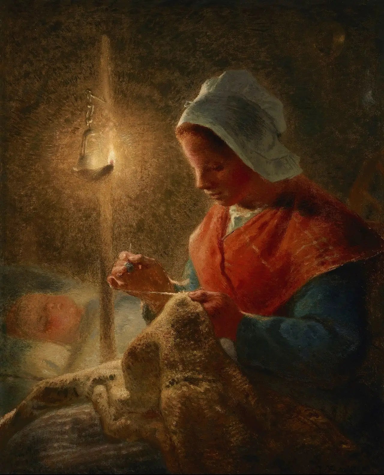 Femme coud à la lumière de la lampe - Jean-François Millet - Alpha Reproduction