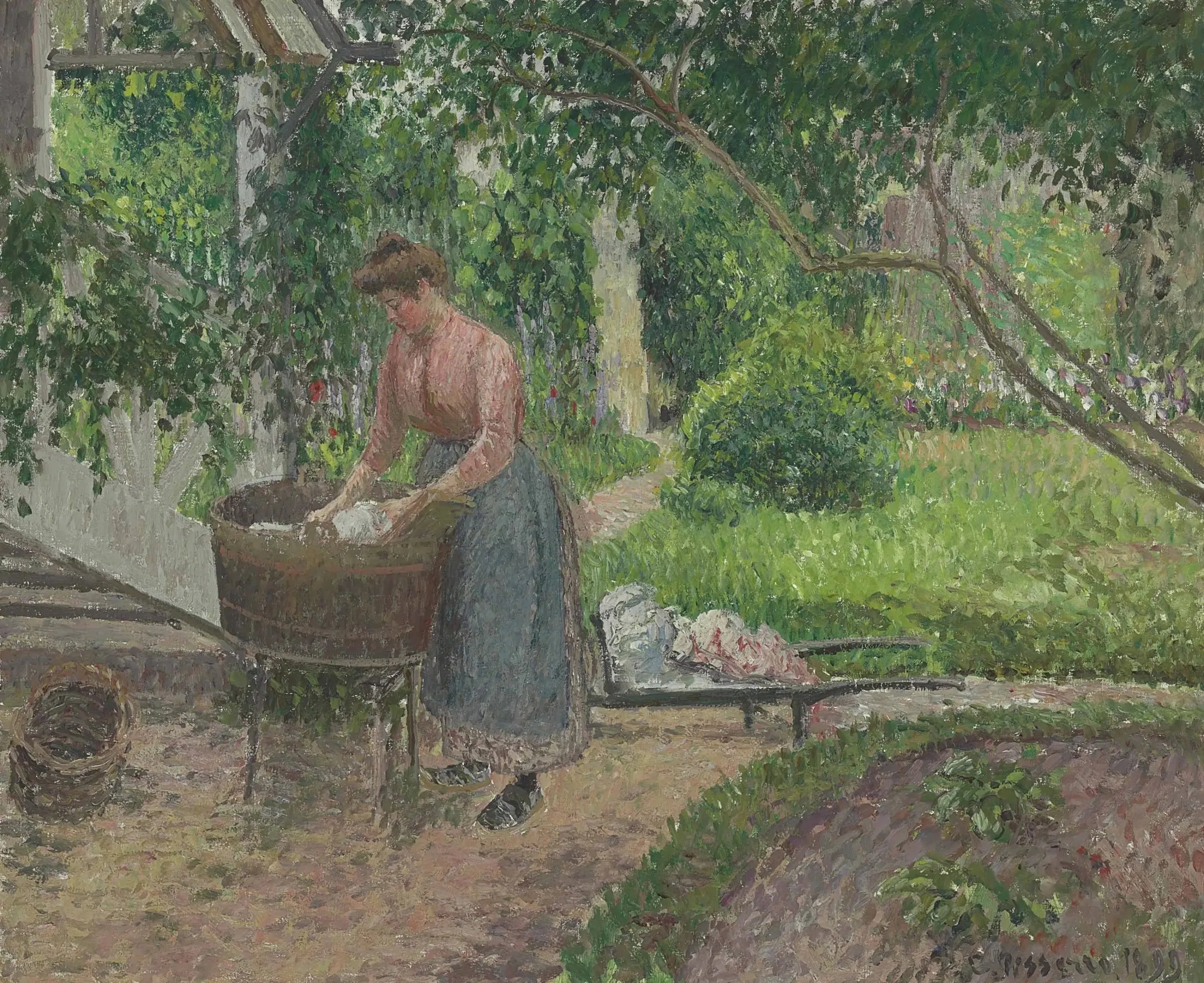 Femme lavant du linge dans le jardin, Éragny - Camille Pissarro image 1 reproduction de peinture à l’huile