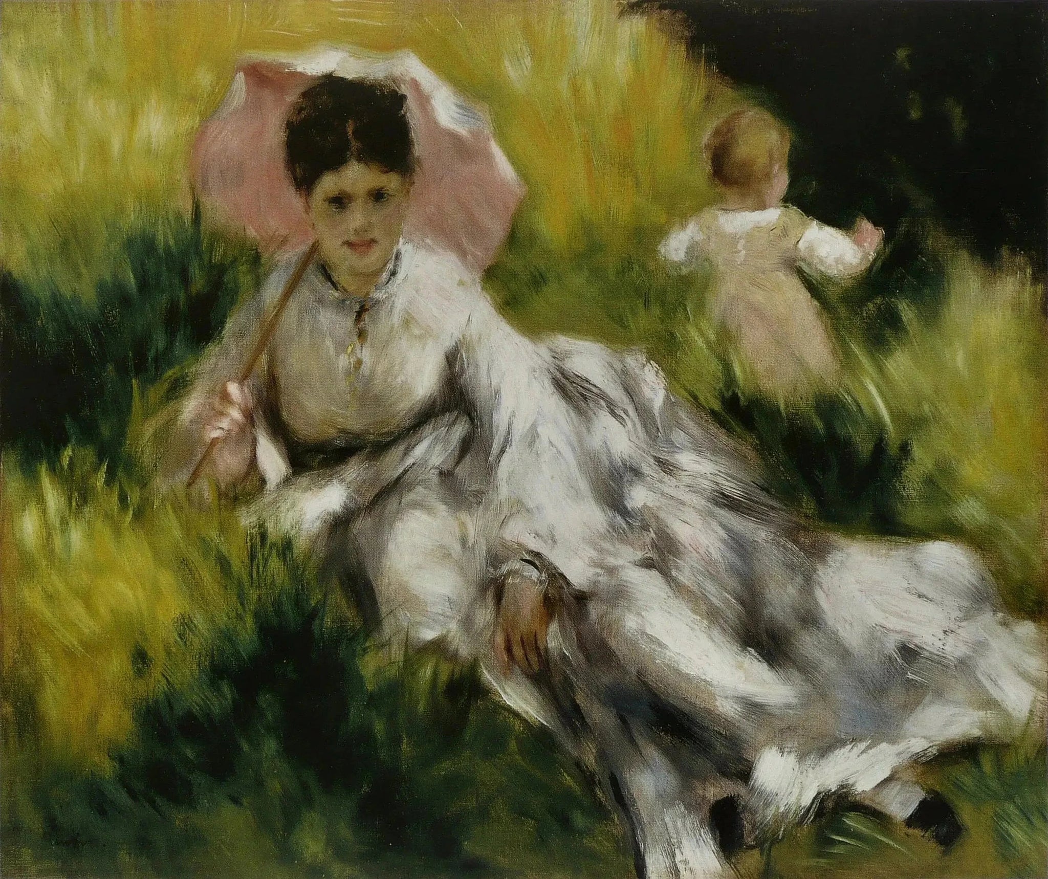 Femme avec une ombrelle et un petit enfant sur une colline ensoleillée de Renoir, MFA Boston 48.593