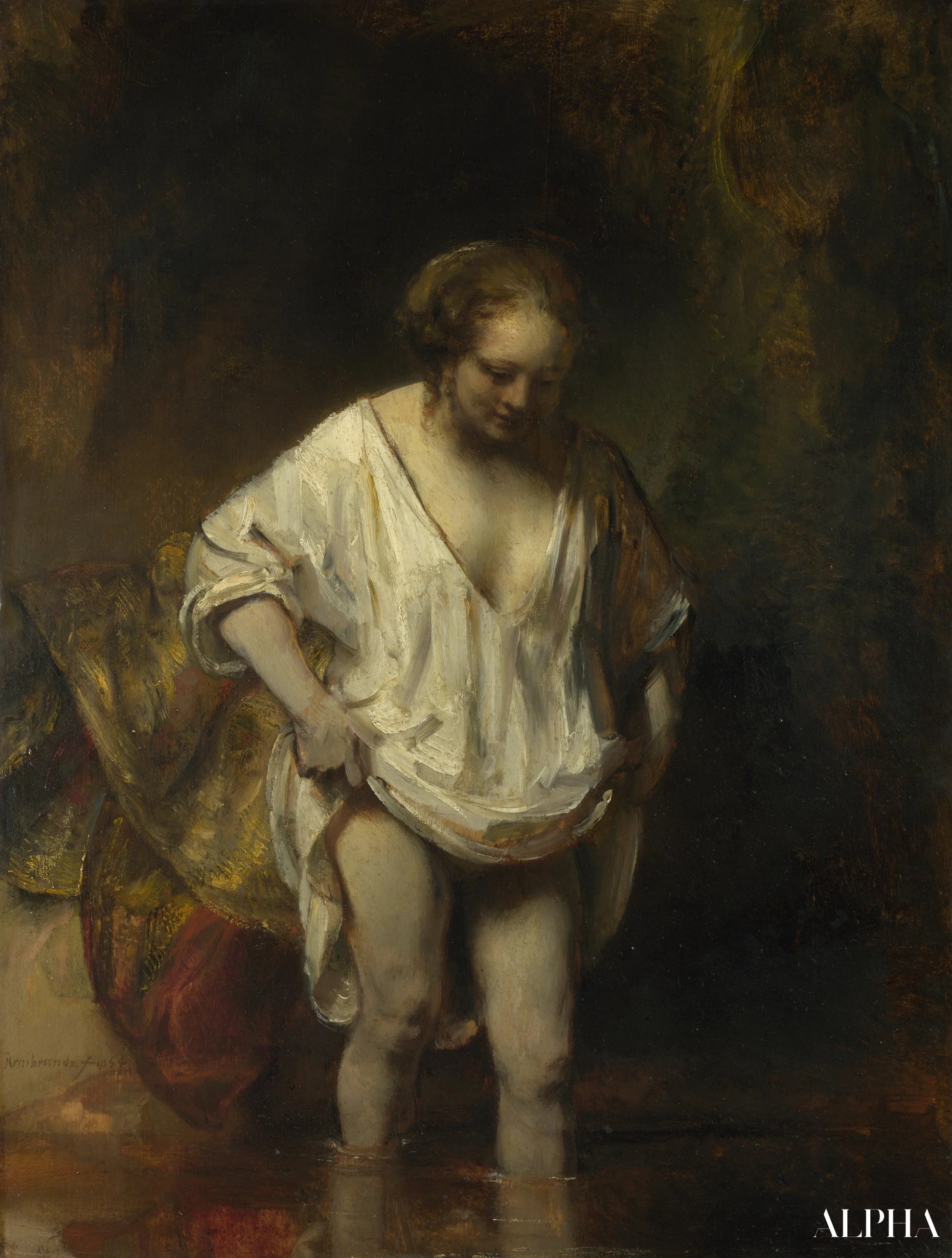 Femme se baignant dans une rivière - Rembrandt van Rijn - Reproductions de tableaux et peintures haut de gamme